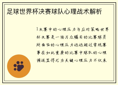 足球世界杯决赛球队心理战术解析