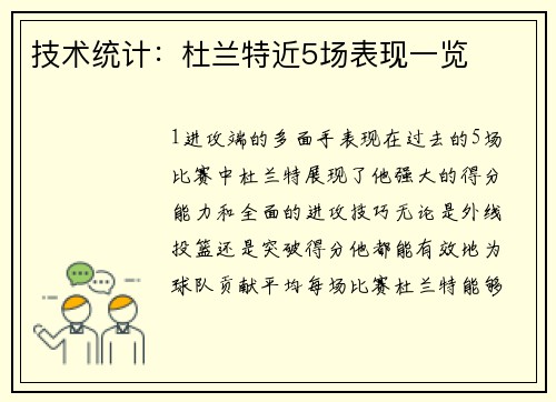 技术统计：杜兰特近5场表现一览